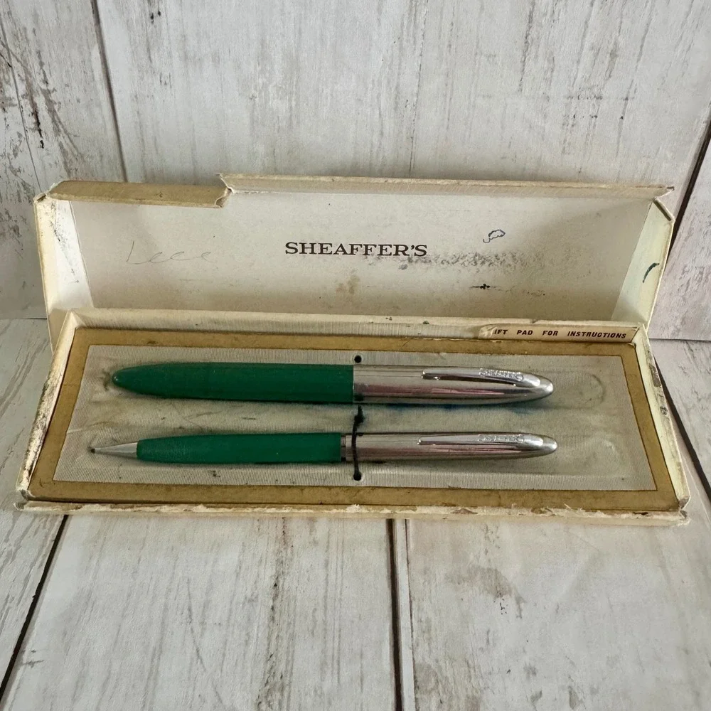 Vintage Sheaffer's Green Touchdown Fountain Pen and Mechanical Pencil Set Boxed